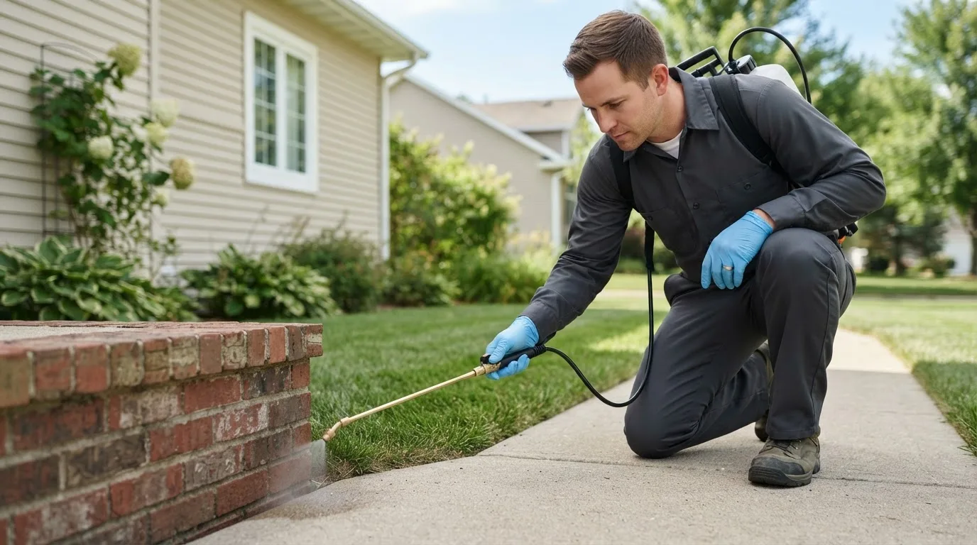Pest control technician treating a home near Irondale, MO