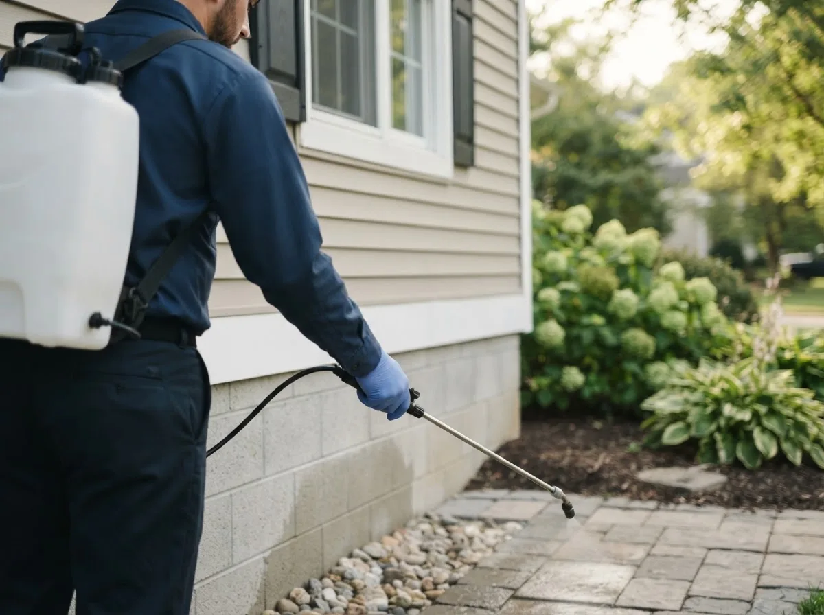 Pest control technician inspecting a home in Irondale, MO